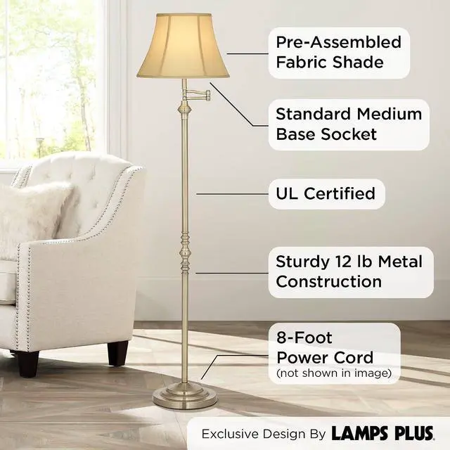 Alt view image 5 of 7 - Regency Hill Montebello Traditional Adjustable Swing Arm Floor Lamp Standing 60" Tall Antique Brass Metal Column Golden Tan Bell Shade for Living Room Reading House Family Bedroom Home
