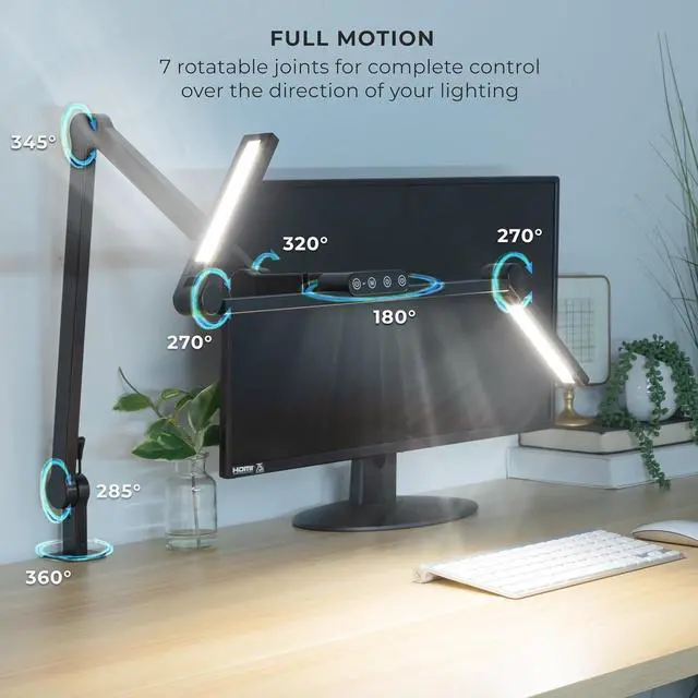 Alt view image 3 of 7 - Mount-It! LED Desk Lamp with Adjustable Swing Arms and Clamp Base, Touch Control, Stepless Dimming, and 5 Color Temperatures, Eye-Caring Lighting for Work, Study, and Crafting