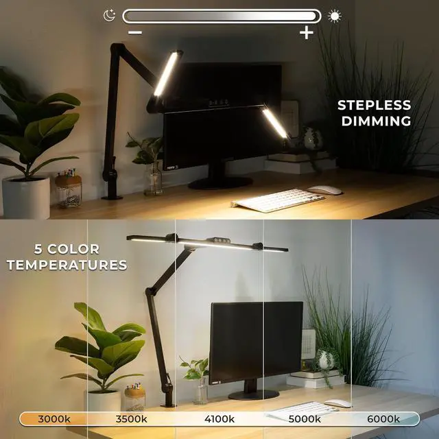 Alt view image 5 of 7 - Mount-It! LED Desk Lamp with Adjustable Swing Arms and Clamp Base, Touch Control, Stepless Dimming, and 5 Color Temperatures, Eye-Caring Lighting for Work, Study, and Crafting