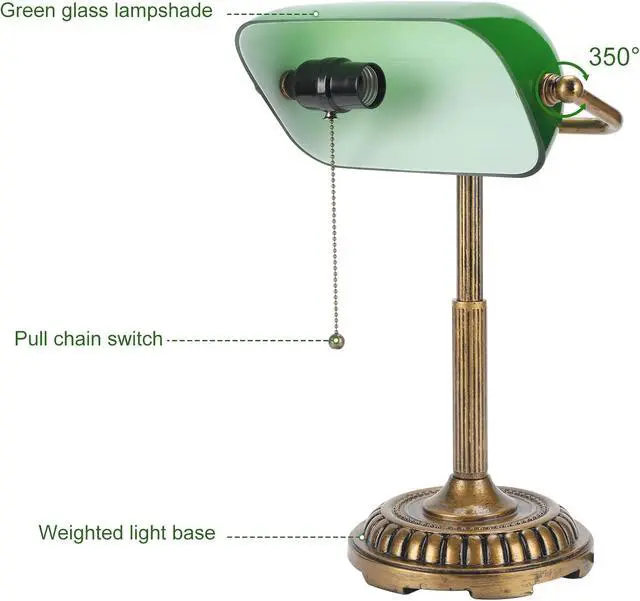 Alt view image 4 of 7 - NISSAFORS Bankers Lamp, Green Desk Lamp with Pull Switch, Vintage Table Lamps for Home Office, Library, Piano (Green)