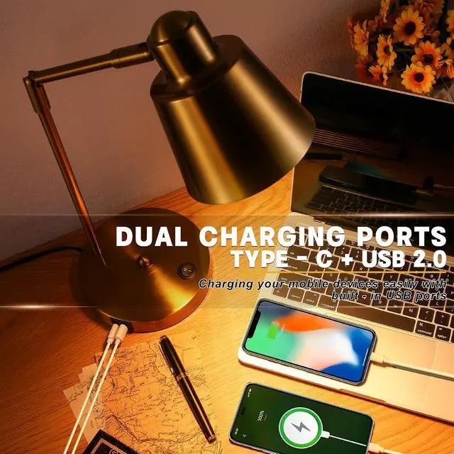 Alt view image 3 of 7 - Anxingtools LED Desk Lamp with Dual USB Charging Ports, 100% Metal, 270° Swivel Arms, Soft White Light (3000K), Bedside Reading Lamp, Home Office Lamp(Golden)