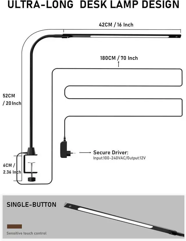 Alt view image 5 of 7 - deeloop CRI 95+ LED Desk Light,16 Inches Ultra-Long Bright Desk Lamp, 5 Brightness Dimming 4000K Office Lamp with 360° Gooseneck Clamp Light for Home Office Working Black
