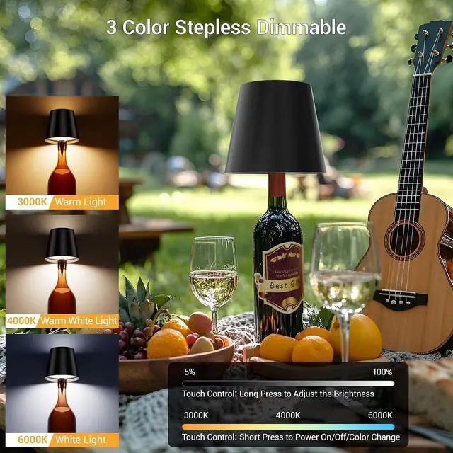 Alt view image 2 of 6 - Wireless Bottle Lamp, Wireless Bottle Lamp Shade with 3 Color Temperature, Rechargeable Stepless Dimming LED Wine Bottle Lights for Any Bottle, Desk Lamp for Bedroom Restaurant-Electroplating Silver