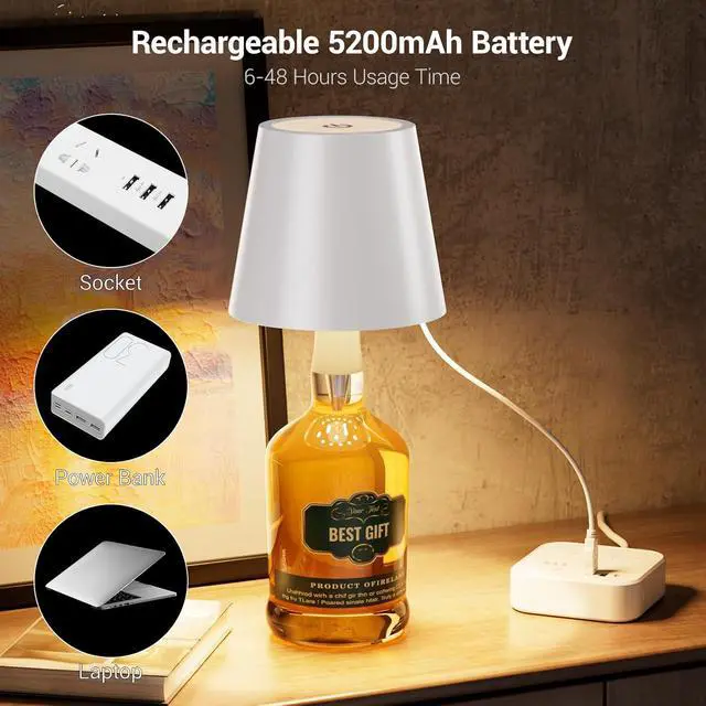 Alt view image 3 of 6 - Wireless Bottle Lamp, Wireless Bottle Lamp Shade with 3 Color Temperature, Rechargeable Stepless Dimming LED Wine Bottle Lights for Any Bottle, Desk Lamp for Bedroom Restaurant-Electroplating Silver