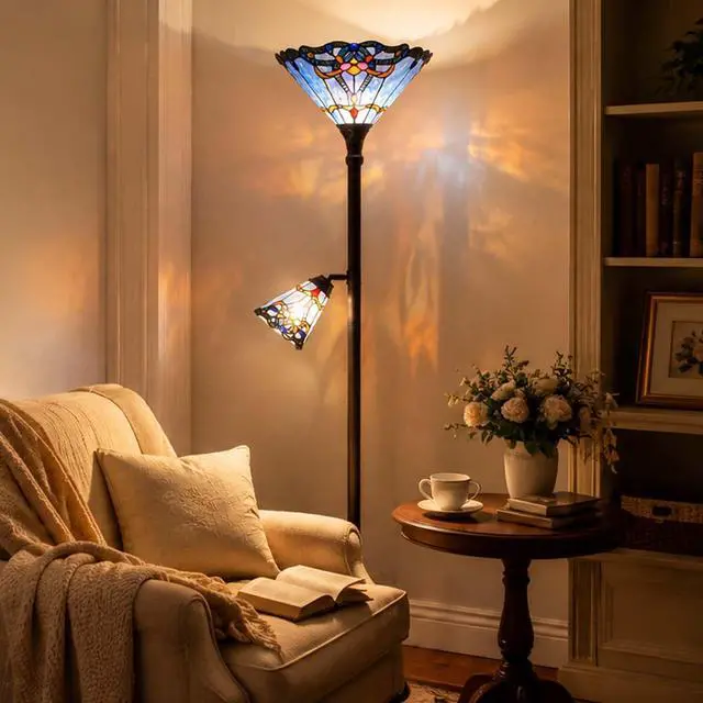 Alt view image 2 of 7 - Bieye L10686 Baroque Tiffany Style Stained Glass Torchiere Floor Lamp with Sidelight for Reading Home Decor, 71-inch Tall