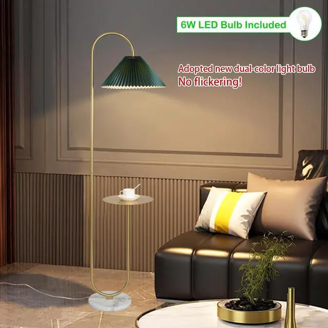 Alt view image 2 of 7 - beaysyty Modern Elegant with Tray Floor Lamp for Office Cafe Den Living Room Bedroom, Foot Switch and Brass/Gold Finish,Dark Green Pleated Cloth Lampshade