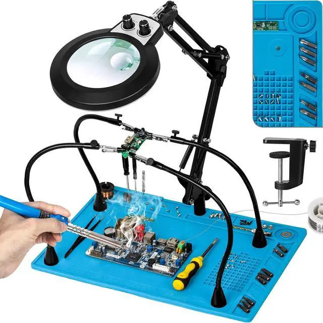 Main image of Silicone Mat Helping Hands Soldering Station, 30X/10X Magnifying Glass with Light for Electronics Craft Hobby, 4 PCB Arms, Infinite Colors Stepless Dimming LED Magnifier Lamp with Stand