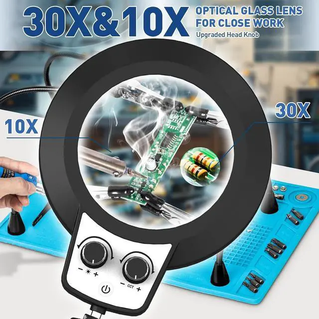 Alt view image 2 of 7 - Silicone Mat Helping Hands Soldering Station, 30X/10X Magnifying Glass with Light for Electronics Craft Hobby, 4 PCB Arms, Infinite Colors Stepless Dimming LED Magnifier Lamp with Stand