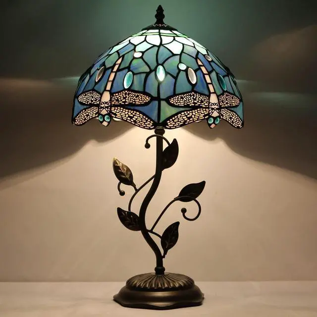 Main image of Tiffany Lamp Blue Dragonfly Style Stained Glass Table Lamp Desk Bedside Reading Light 12X12X19 Inches with Metal Leaf Base Decor Bedroom Living Room
