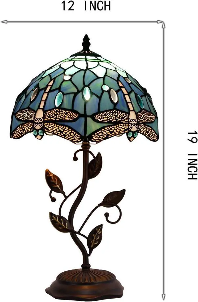 Alt view image 2 of 6 - Tiffany Lamp Blue Dragonfly Style Stained Glass Table Lamp Desk Bedside Reading Light 12X12X19 Inches with Metal Leaf Base Decor Bedroom Living Room