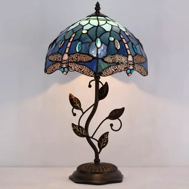 Alt view image 3 of 6 - Tiffany Lamp Blue Dragonfly Style Stained Glass Table Lamp Desk Bedside Reading Light 12X12X19 Inches with Metal Leaf Base Decor Bedroom Living Room