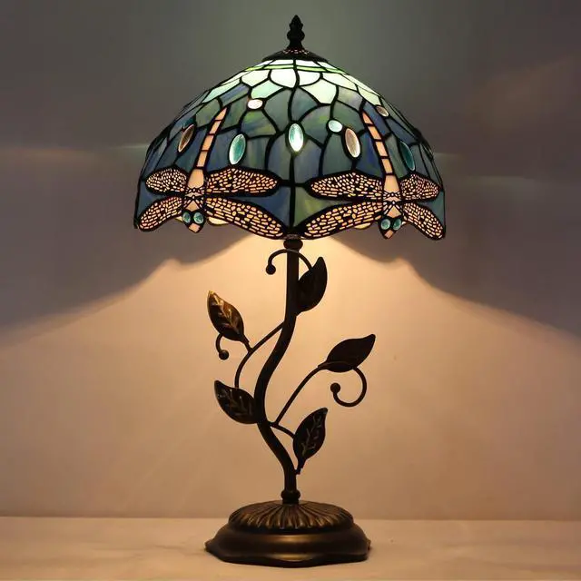 Alt view image 4 of 6 - Tiffany Lamp Blue Dragonfly Style Stained Glass Table Lamp Desk Bedside Reading Light 12X12X19 Inches with Metal Leaf Base Decor Bedroom Living Room