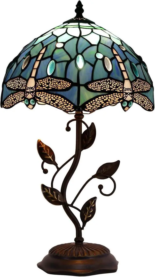 Alt view image 6 of 6 - Tiffany Lamp Blue Dragonfly Style Stained Glass Table Lamp Desk Bedside Reading Light 12X12X19 Inches with Metal Leaf Base Decor Bedroom Living Room