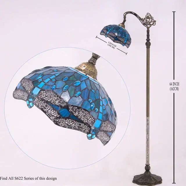 Alt view image 2 of 6 - WERFACTORY Tiffany Floor Lamp Sea Blue Stained Glass Dragonfly Arched Lamp | 12X18X64 Inches Gooseneck Adjustable Corner Standing Reading Light Decor Bedroom Living Room S622 Series
