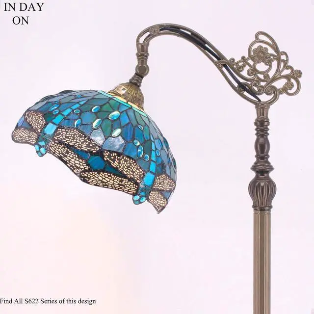 Alt view image 4 of 6 - WERFACTORY Tiffany Floor Lamp Sea Blue Stained Glass Dragonfly Arched Lamp | 12X18X64 Inches Gooseneck Adjustable Corner Standing Reading Light Decor Bedroom Living Room S622 Series