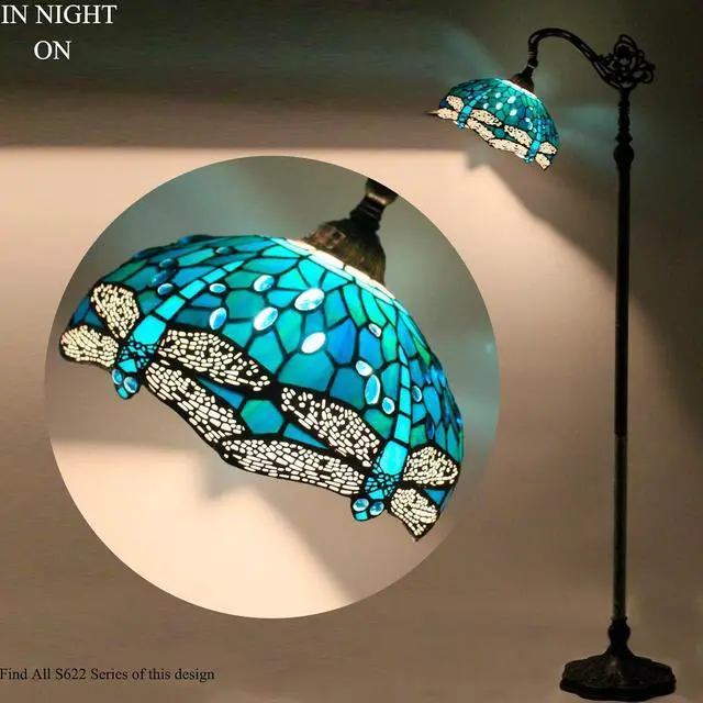 Alt view image 6 of 6 - WERFACTORY Tiffany Floor Lamp Sea Blue Stained Glass Dragonfly Arched Lamp | 12X18X64 Inches Gooseneck Adjustable Corner Standing Reading Light Decor Bedroom Living Room S622 Series