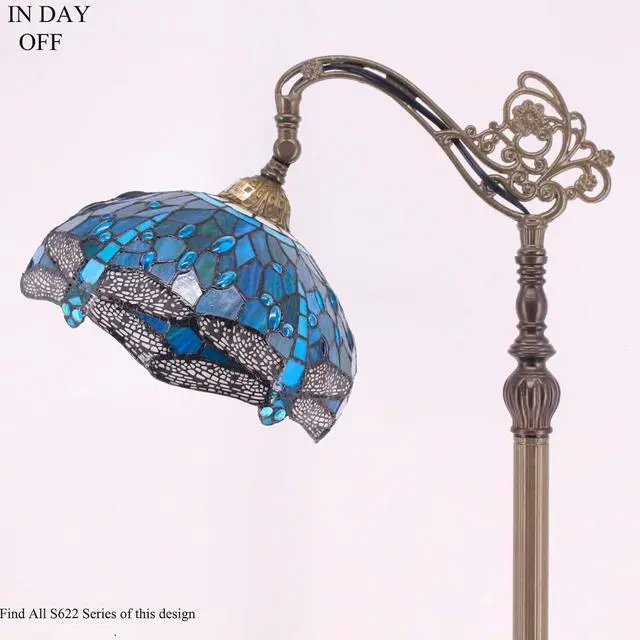 Alt view image 3 of 6 - WERFACTORY Tiffany Floor Lamp Sea Blue Stained Glass Dragonfly Arched Lamp | 12X18X64 Inches Gooseneck Adjustable Corner Standing Reading Light Decor Bedroom Living Room S622 Series