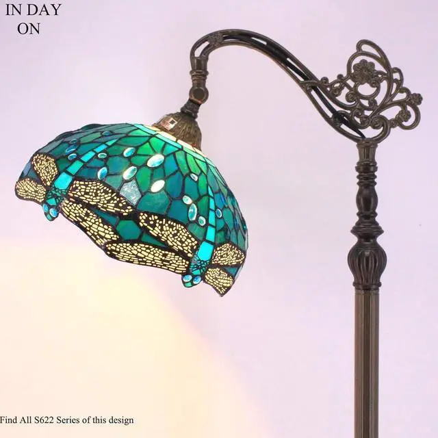Alt view image 5 of 6 - WERFACTORY Tiffany Floor Lamp Sea Blue Stained Glass Dragonfly Arched Lamp | 12X18X64 Inches Gooseneck Adjustable Corner Standing Reading Light Decor Bedroom Living Room S622 Series