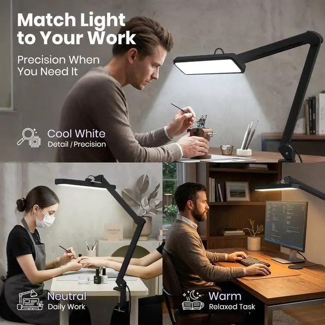 Alt view image 3 of 7 - Neatfi XL 2,500 Lumens 30W LED Task Lamp with Clamp | 324 SMD LEDs | CCT | 5 Light Modes | 3000K6000K | Dimmable | Adjustable Arm with Clamp | Desk Light for Home (Black, 22-Inch Wide Shade)