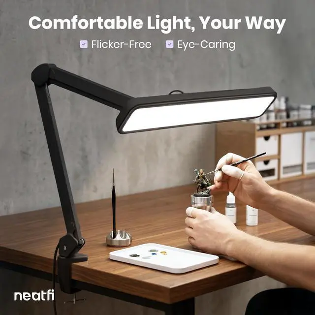 Alt view image 4 of 7 - Neatfi XL 2,500 Lumens 30W LED Task Lamp with Clamp | 324 SMD LEDs | CCT | 5 Light Modes | 3000K6000K | Dimmable | Adjustable Arm with Clamp | Desk Light for Home (Black, 22-Inch Wide Shade)