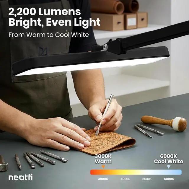 Alt view image 7 of 7 - Neatfi XL 2,500 Lumens 30W LED Task Lamp with Clamp | 324 SMD LEDs | CCT | 5 Light Modes | 3000K6000K | Dimmable | Adjustable Arm with Clamp | Desk Light for Home (Black, 22-Inch Wide Shade)