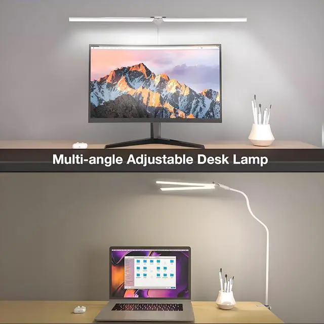 Alt view image 3 of 5 - Hensam LED Desk Lamp with Clamp, Double Head Desk Light for Home Office, Dimmable Desktop Light, 12W 1400lm Eye-Caring Architect Table Lamp for Workbench Monitor Computer Reading Study, White