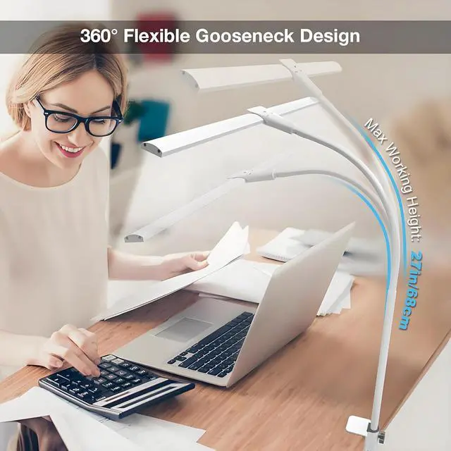 Alt view image 5 of 5 - Hensam LED Desk Lamp with Clamp, Double Head Desk Light for Home Office, Dimmable Desktop Light, 12W 1400lm Eye-Caring Architect Table Lamp for Workbench Monitor Computer Reading Study, White