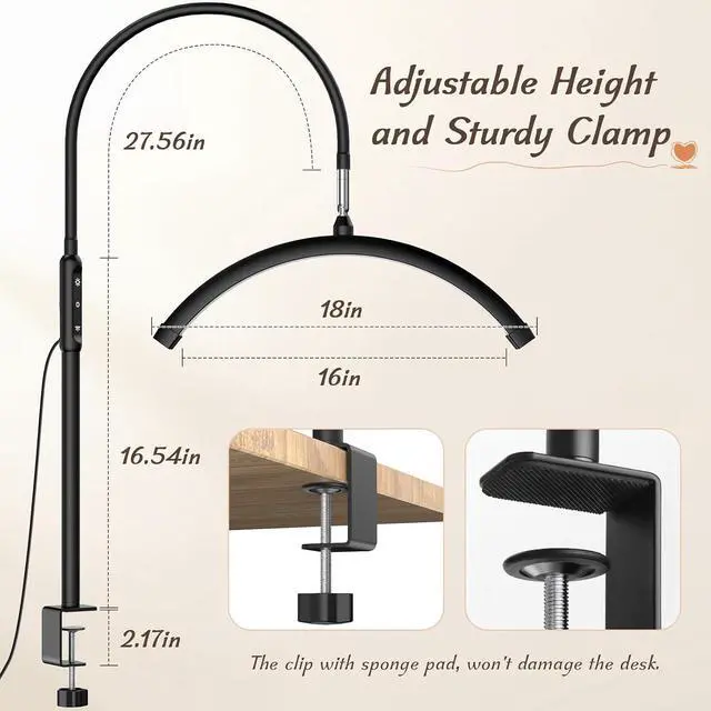 Alt view image 5 of 7 - Mznoo Half Moon Light with Clamp, LED Manicure Table Lamp, Desk Lamp for Nail Desk, Eyelash Extensions, Skincare and Tattoo, 5 Brightness Levels and 5 Color Modes, Remote Control (Black)