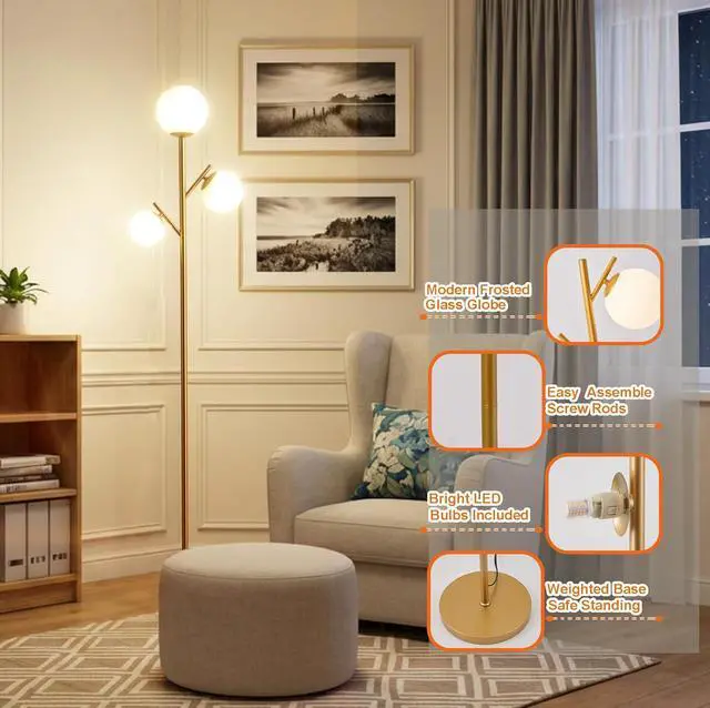 Alt view image 2 of 6 - Fiqevs 3 Globe Floor Lamp for Living Room, Mid Modern Standing Tree Lamp | 3000K Warm Light, 3 LED Bulbs Included, Orb Frosted Glass Shade contemporary Lamp for Bedroom/Office, Antique Brass/Gold