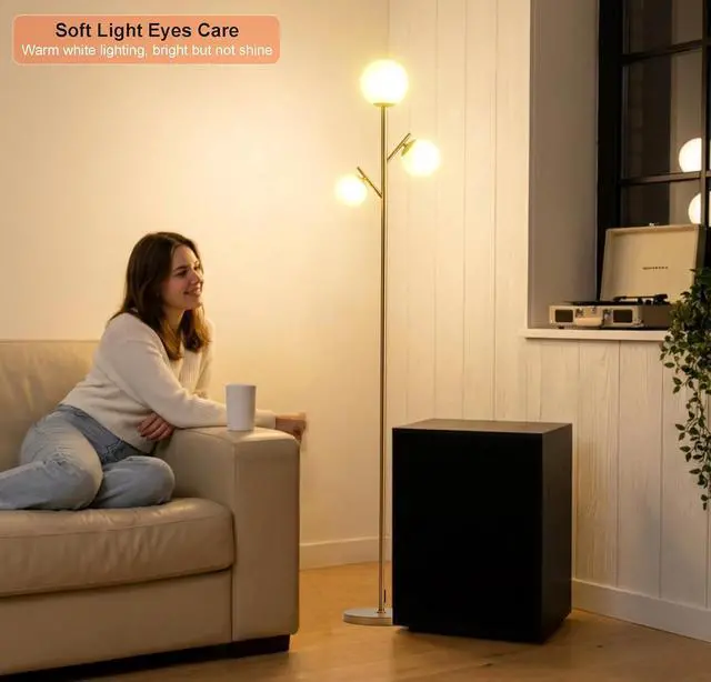 Alt view image 3 of 6 - Fiqevs 3 Globe Floor Lamp for Living Room, Mid Modern Standing Tree Lamp | 3000K Warm Light, 3 LED Bulbs Included, Orb Frosted Glass Shade contemporary Lamp for Bedroom/Office, Antique Brass/Gold