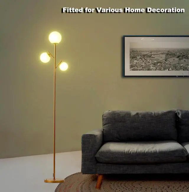 Alt view image 4 of 6 - Fiqevs 3 Globe Floor Lamp for Living Room, Mid Modern Standing Tree Lamp | 3000K Warm Light, 3 LED Bulbs Included, Orb Frosted Glass Shade contemporary Lamp for Bedroom/Office, Antique Brass/Gold