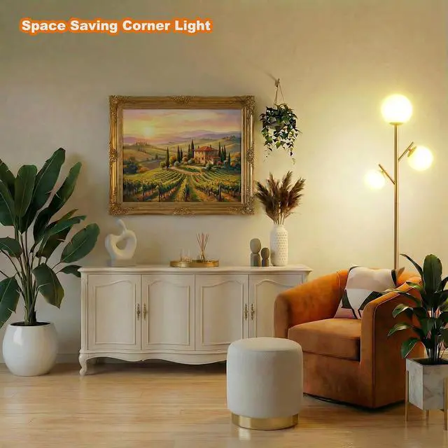 Alt view image 5 of 6 - Fiqevs 3 Globe Floor Lamp for Living Room, Mid Modern Standing Tree Lamp | 3000K Warm Light, 3 LED Bulbs Included, Orb Frosted Glass Shade contemporary Lamp for Bedroom/Office, Antique Brass/Gold