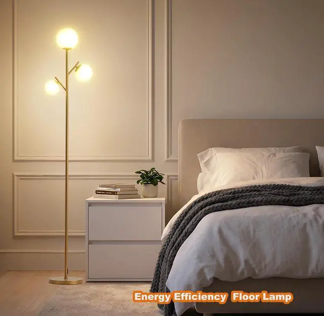 Alt view image 6 of 6 - Fiqevs 3 Globe Floor Lamp for Living Room, Mid Modern Standing Tree Lamp | 3000K Warm Light, 3 LED Bulbs Included, Orb Frosted Glass Shade contemporary Lamp for Bedroom/Office, Antique Brass/Gold