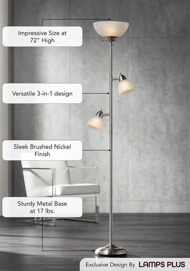 Alt view image 3 of 7 - 360 Lighting Ellery Modern Tree Torchiere Floor Lamp Standing 3-Light 72" Tall Brushed Nickel Silver Frosted White Glass Shade Decor for Living Room Reading House Bedroom Office