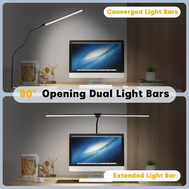 Alt view image 2 of 6 - LED Desk Lamp for Home Office, 50 Brightness & Temperature Modes, Eye Protection, Dual Head Dimmable Table Light, 360° Adjustable Gooseneck with Clamp Remote Control, 90% Energy Saving (Black)