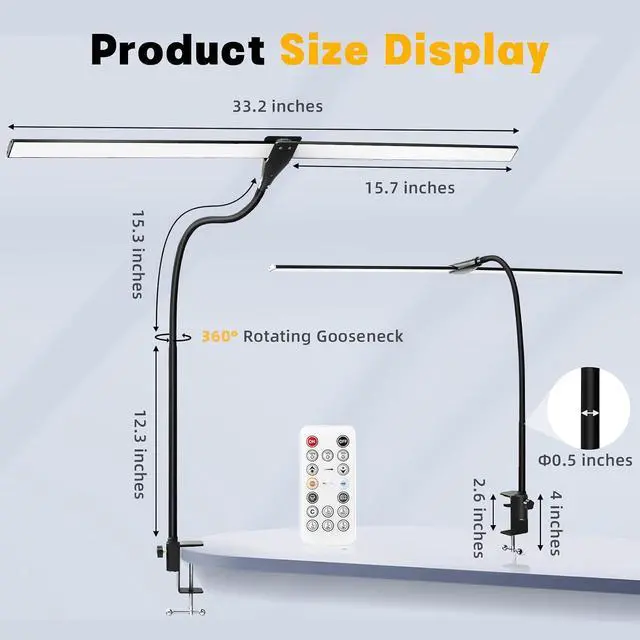 Alt view image 3 of 6 - LED Desk Lamp for Home Office, 50 Brightness & Temperature Modes, Eye Protection, Dual Head Dimmable Table Light, 360° Adjustable Gooseneck with Clamp Remote Control, 90% Energy Saving (Black)