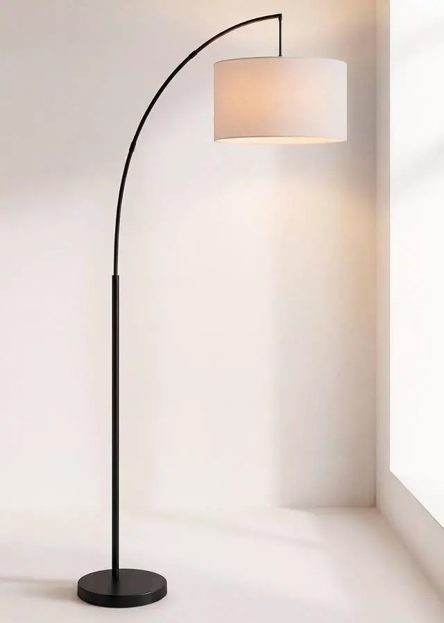 Main image of 360 Lighting Cora Mid Century Modern Arc Floor Lamp 72" Tall Black Metal White Linen Fabric Drum Shade Decor for Living Room Reading House Bedroom Home Office House