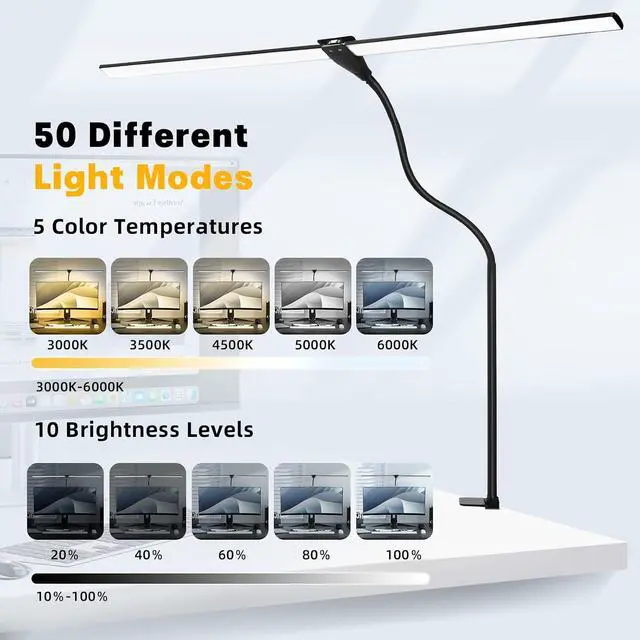 Alt view image 4 of 6 - LED Desk Lamp for Home Office, 50 Brightness & Temperature Modes, Eye Protection, Dual Head Dimmable Table Light, 360° Adjustable Gooseneck with Clamp Remote Control, 90% Energy Saving (Black)