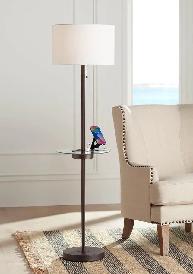 Main image of 360 Lighting Caper Modern Floor Lamp with Tray Table USB and AC Power Outlet in Base 60.5" Tall Bronze Metal Off White Fabric Drum Shade for Living Room Reading House Bedroom
