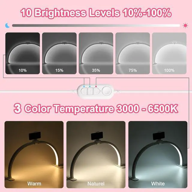 Alt view image 2 of 6 - Upgraded Half Moon Light with Phone Holder, 29in Foldable Half Moon Light for Nail Desk, Nail Table Lamp with Stepless Dimming & Color Temperature (Large-29In)
