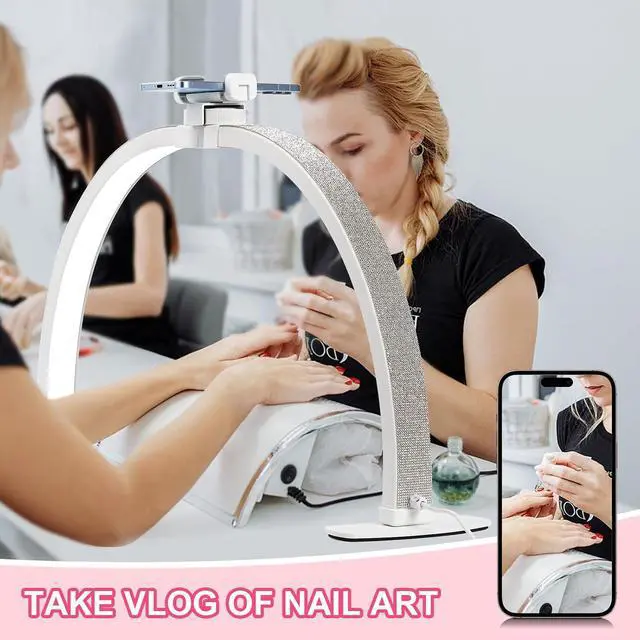 Alt view image 3 of 6 - Upgraded Half Moon Light with Phone Holder, 29in Foldable Half Moon Light for Nail Desk, Nail Table Lamp with Stepless Dimming & Color Temperature (Large-29In)