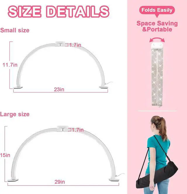 Alt view image 4 of 6 - Upgraded Half Moon Light with Phone Holder, 29in Foldable Half Moon Light for Nail Desk, Nail Table Lamp with Stepless Dimming & Color Temperature (Large-29In)