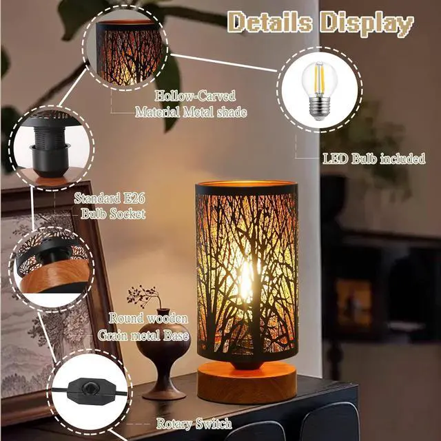 Alt view image 3 of 6 - Small Industrial Table Lamps Dimmable, Bedside Lamps for Nightstand,End Table Side Desk lamp with Rustic Black Metal Cage Lampshade for Bedroom, Kids Room Living Room