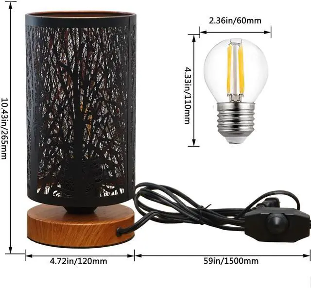 Alt view image 4 of 6 - Small Industrial Table Lamps Dimmable, Bedside Lamps for Nightstand,End Table Side Desk lamp with Rustic Black Metal Cage Lampshade for Bedroom, Kids Room Living Room