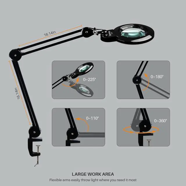 Alt view image 4 of 7 - Bifocals Magnifying Desk Lamp with Clamp, 5 Diopter with 20 Diopter, 6 Inch Detachable Lens and 120PCS LEDs, 3 Color Modes 1200 Lumens Swivel Arm Magnifying Lamp with Light for Crafts (Black)