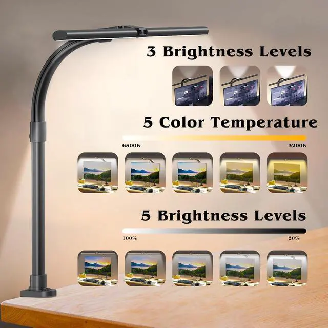 Alt view image 2 of 7 - AKRRYR Led Desk Lamp for Home Office,24W Bright Eye-Caring Desk Light with Clamp,5 brightness and 5 temperatures Dimmable Workbench Task Light, Adjustable Gooseneck Table Lamp for Monitor Study(black)