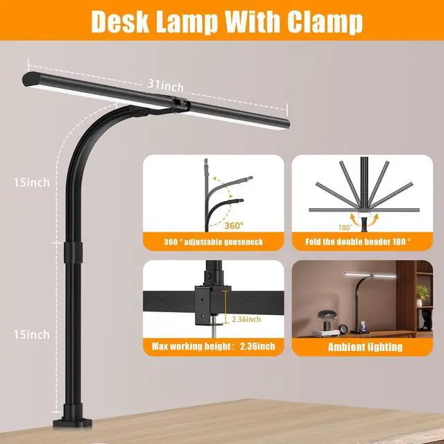 Alt view image 3 of 7 - AKRRYR Led Desk Lamp for Home Office,24W Bright Eye-Caring Desk Light with Clamp,5 brightness and 5 temperatures Dimmable Workbench Task Light, Adjustable Gooseneck Table Lamp for Monitor Study(black)