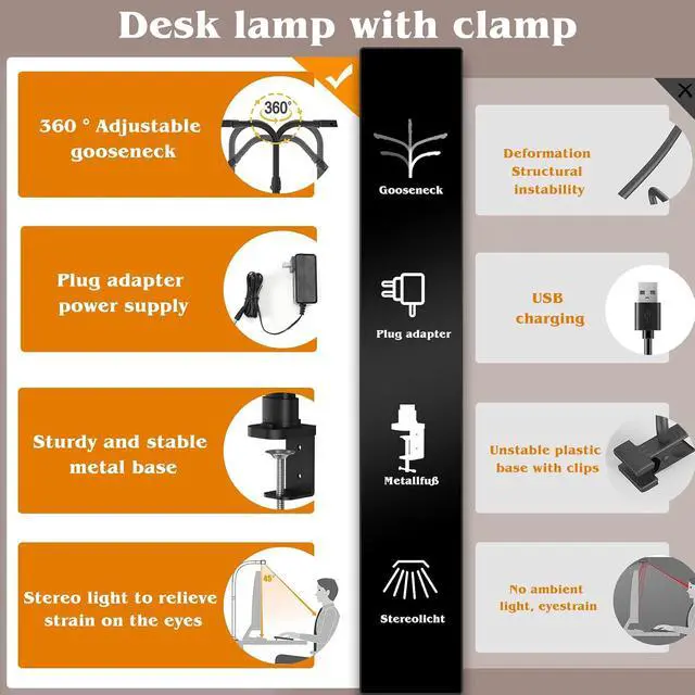 Alt view image 5 of 7 - AKRRYR Led Desk Lamp for Home Office,24W Bright Eye-Caring Desk Light with Clamp,5 brightness and 5 temperatures Dimmable Workbench Task Light, Adjustable Gooseneck Table Lamp for Monitor Study(black)