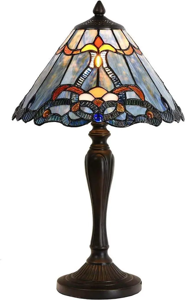 Main image of Bieye L10683 Baroque Tiffany Style Stained Glass Table Lamp Night Light with 12 Inch Wide Blue Lampshade for Bedside Bedroom Living Room, 20 inch Tall