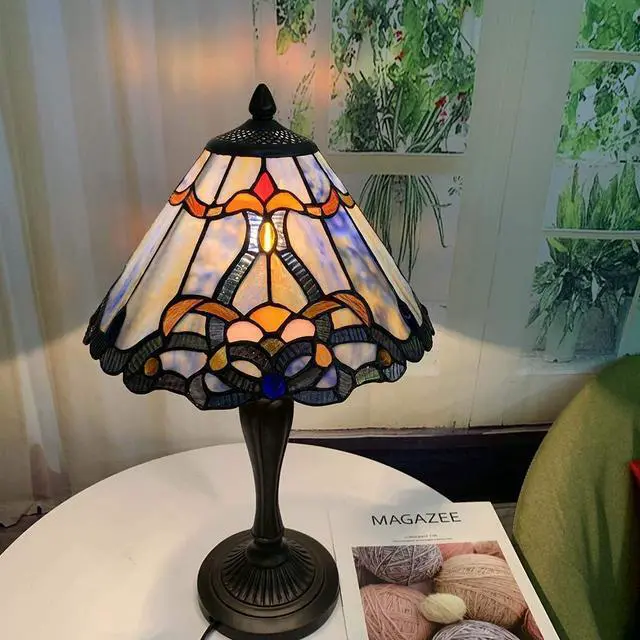 Alt view image 2 of 7 - Bieye L10683 Baroque Tiffany Style Stained Glass Table Lamp Night Light with 12 Inch Wide Blue Lampshade for Bedside Bedroom Living Room, 20 inch Tall